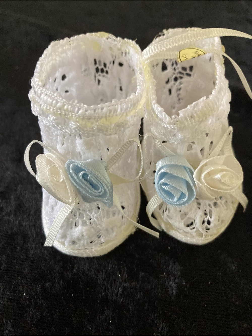 Lace Baby Booties with Blue & White Rose Nursery Shower Cake Accents Set of 2